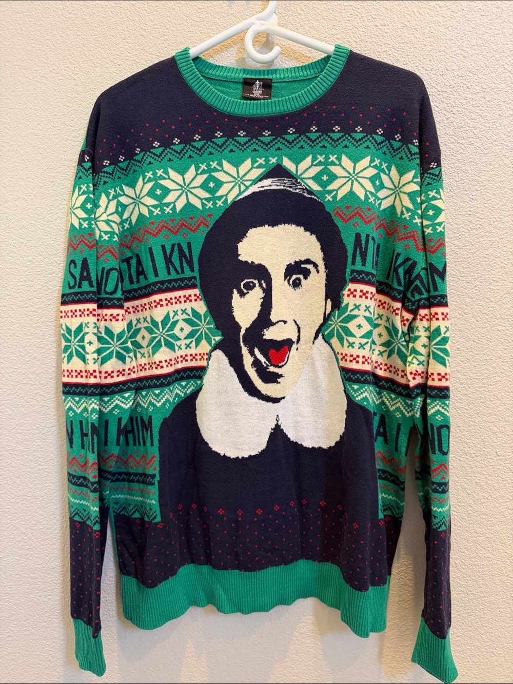 ELF Men’s Navy, Green & Cream Novelty Crewneck Sweater Will Ferrell